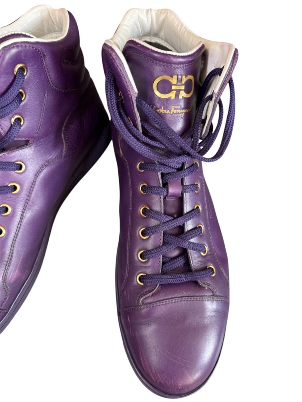Salvatore Ferragamo Purple Leather High-Top Sneakers with Gold Accents